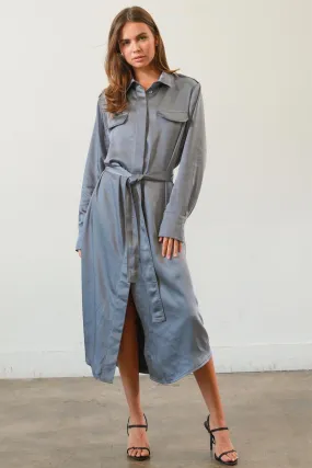 HF25C040-Matte Satin Belted Midi Shirt Dress