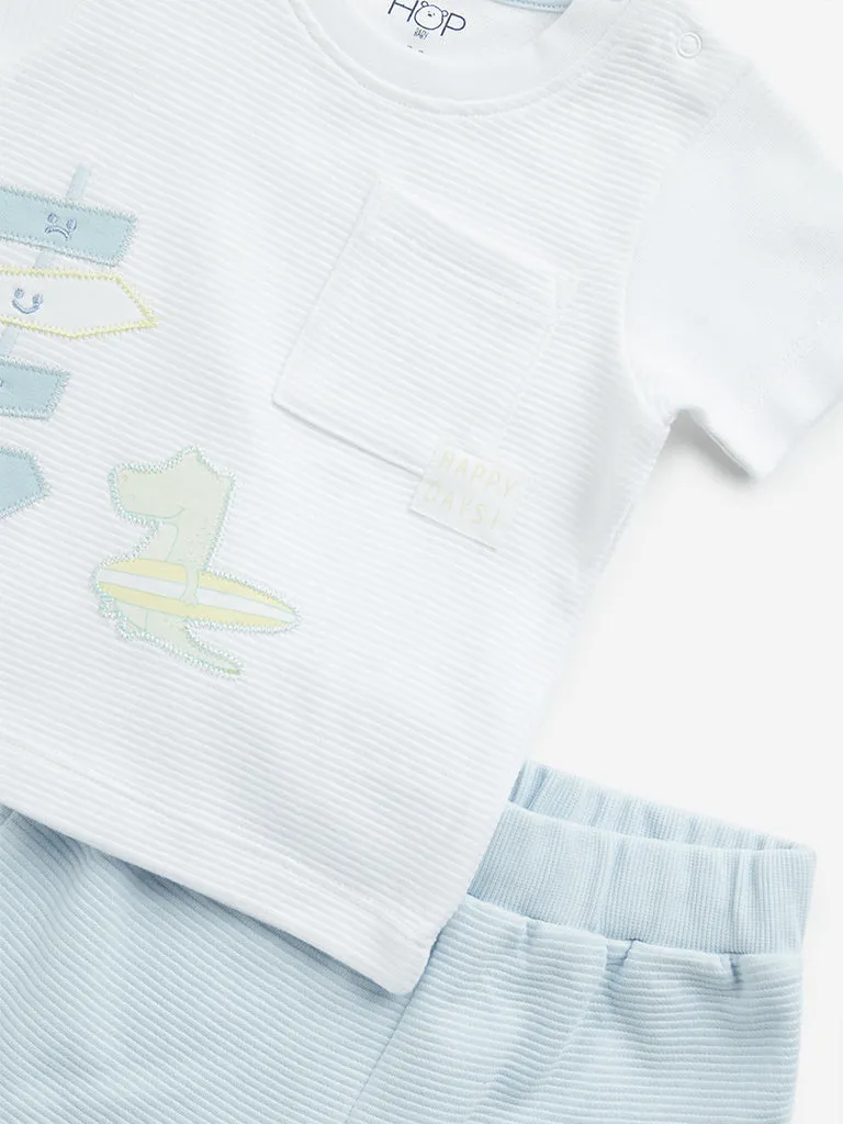 HOP Baby White & Light Blue Cotton T-Shirt with Shorts Set