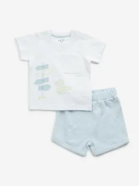 HOP Baby White & Light Blue Cotton T-Shirt with Shorts Set