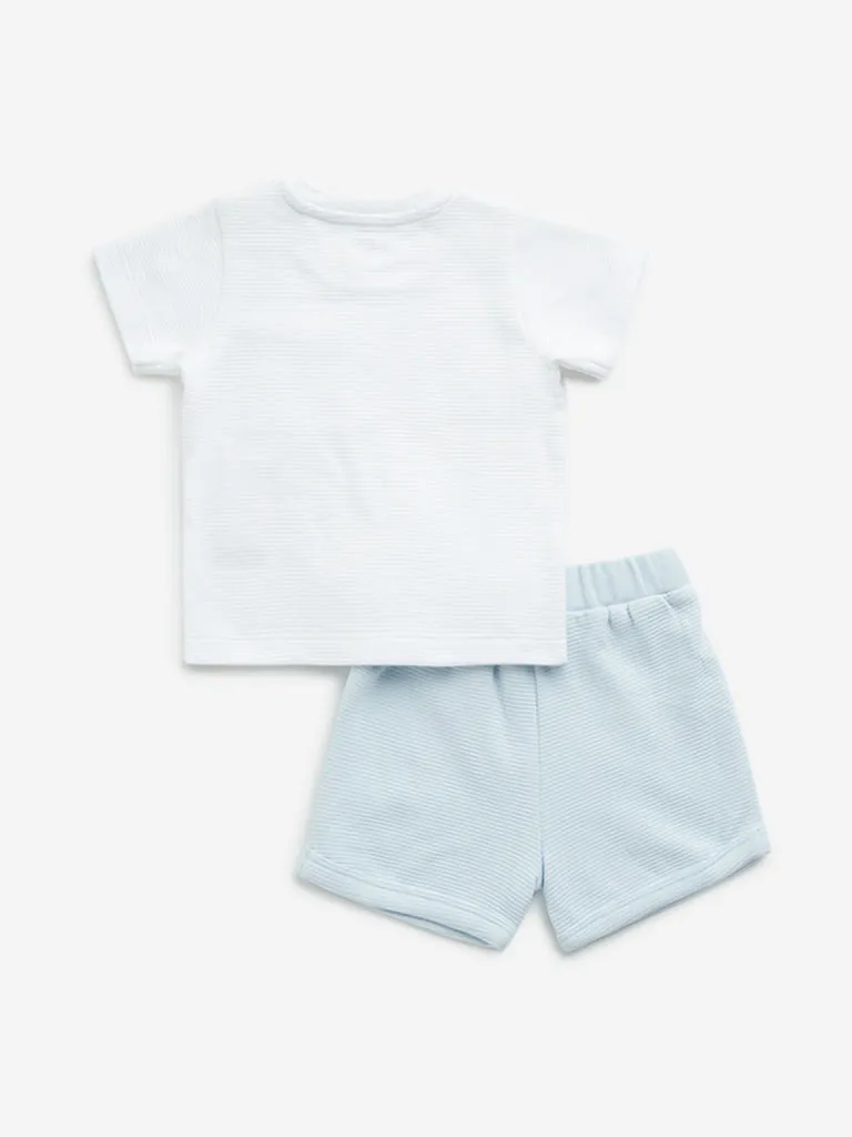 HOP Baby White & Light Blue Cotton T-Shirt with Shorts Set