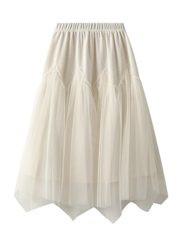 Irregular Gauze Splicing Corduroy Skirt