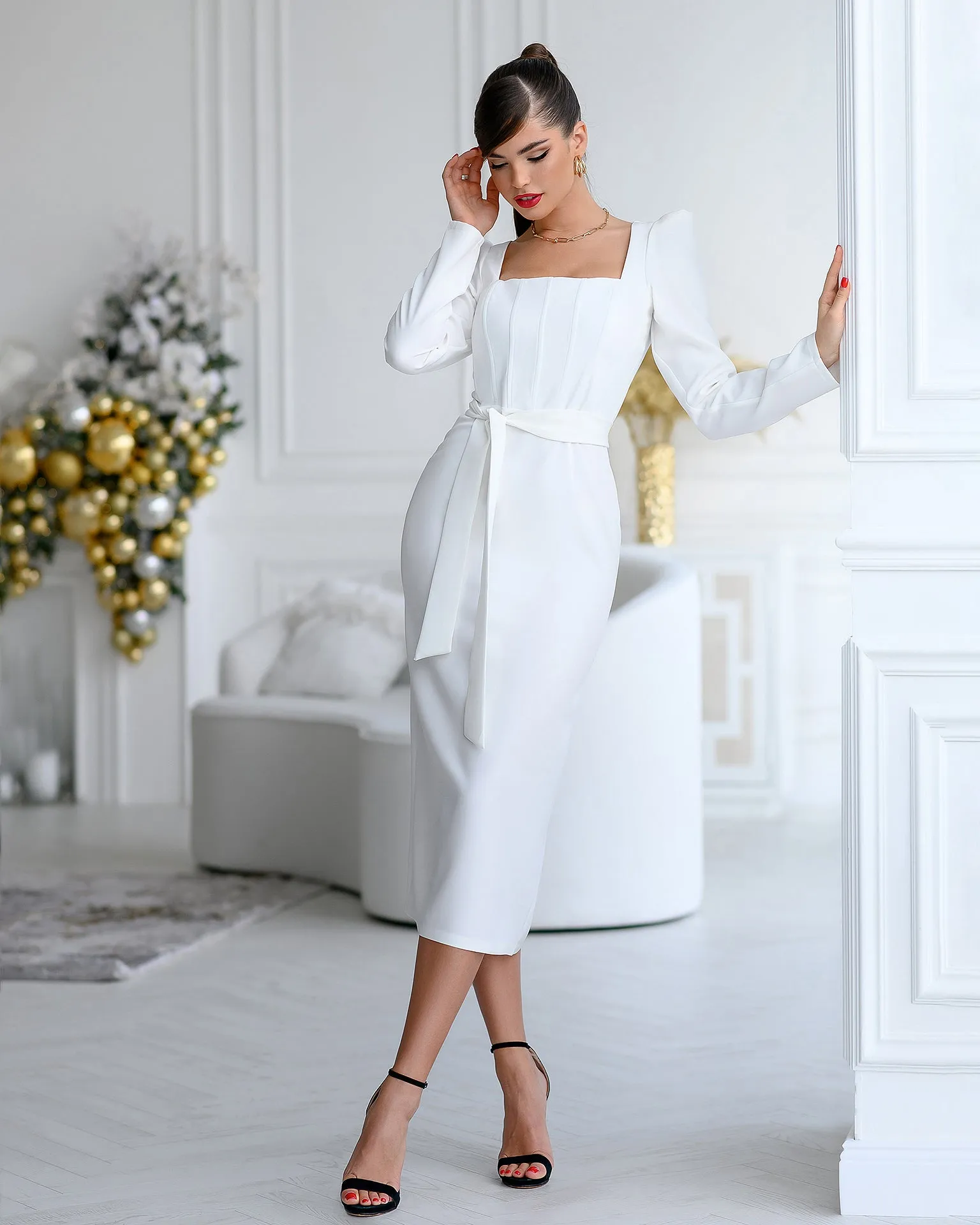 Ivory Square Neck Puff-Sleeve Midi Dress