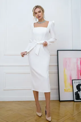 Ivory Square Neck Puff-Sleeve Midi Dress