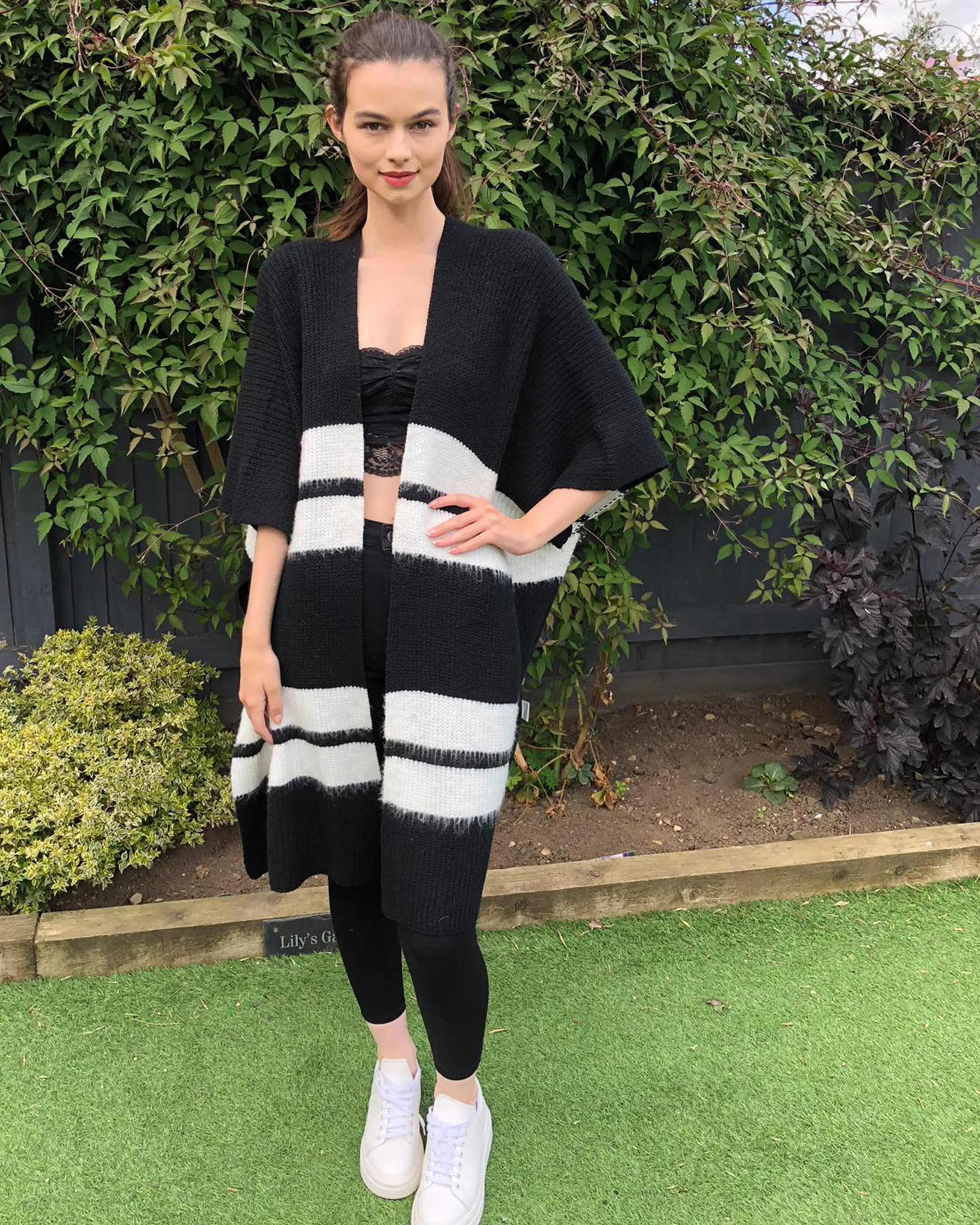 Knitted Poncho Cape in Black and White Stripe