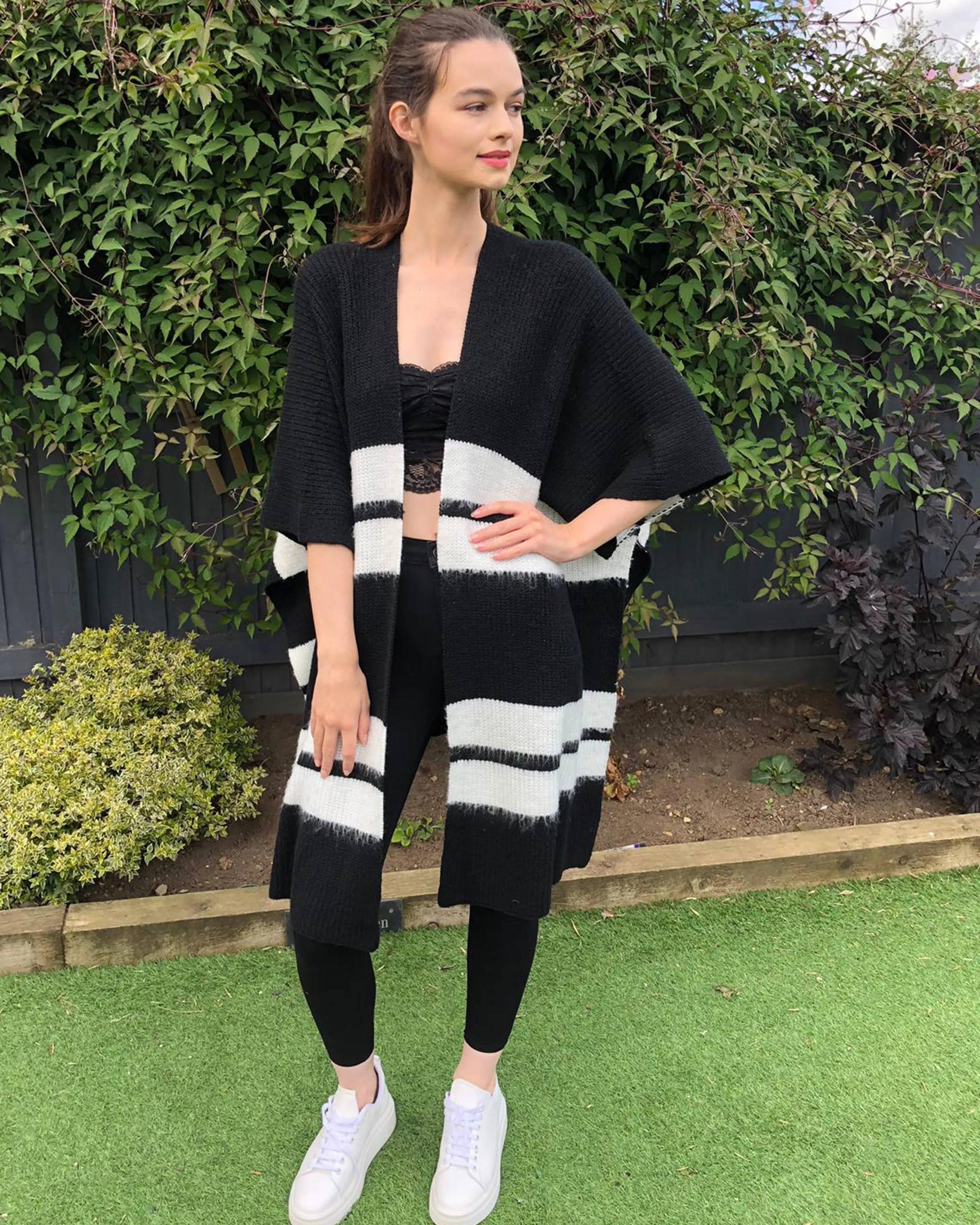 Knitted Poncho Cape in Black and White Stripe