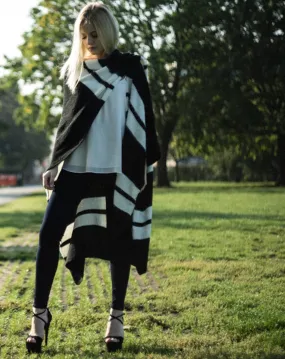 Knitted Poncho Cape in Black and White Stripe