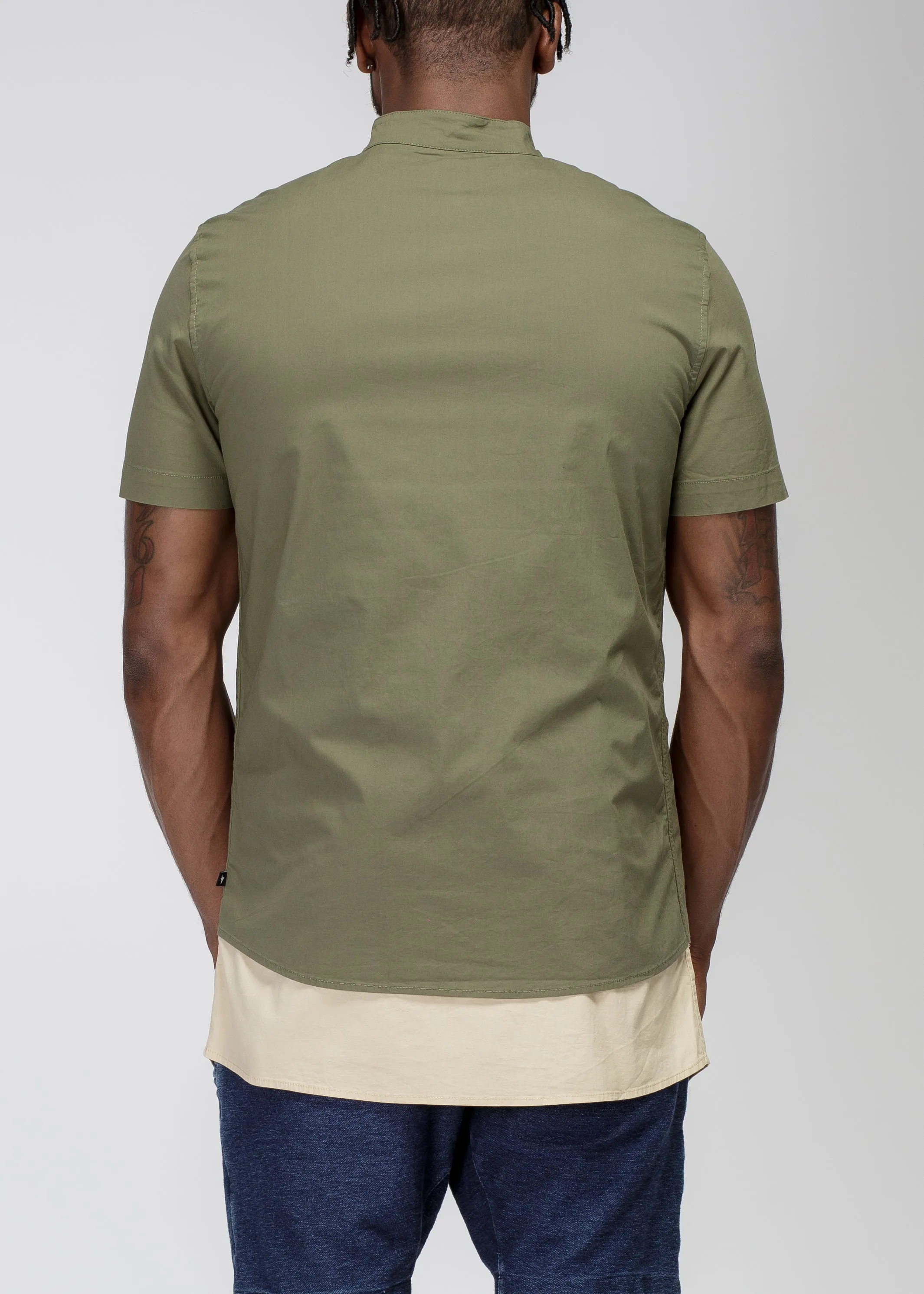 Konus Men's Mock Neck Two Tone Zip Up Tee in Olive