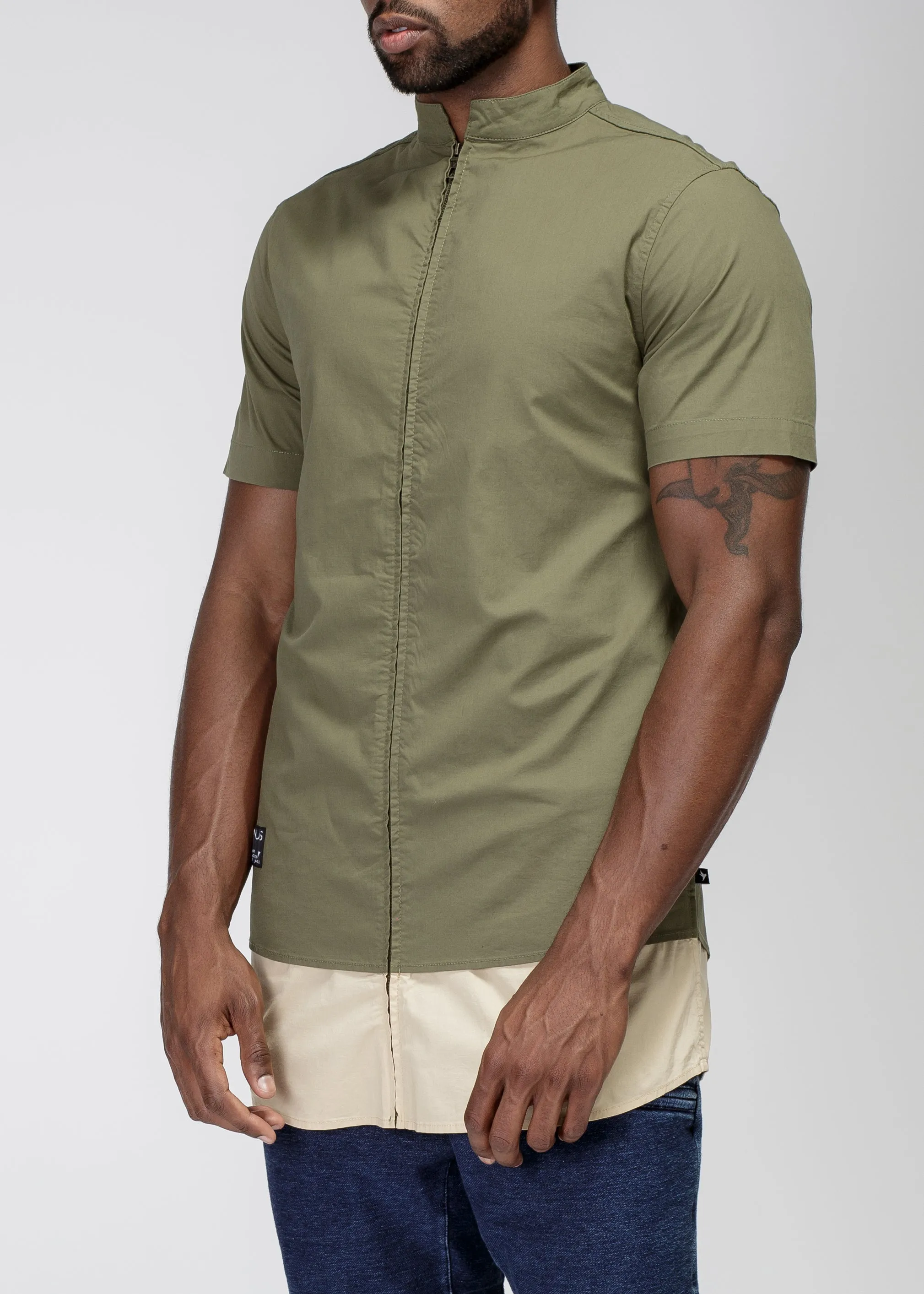 Konus Men's Mock Neck Two Tone Zip Up Tee in Olive