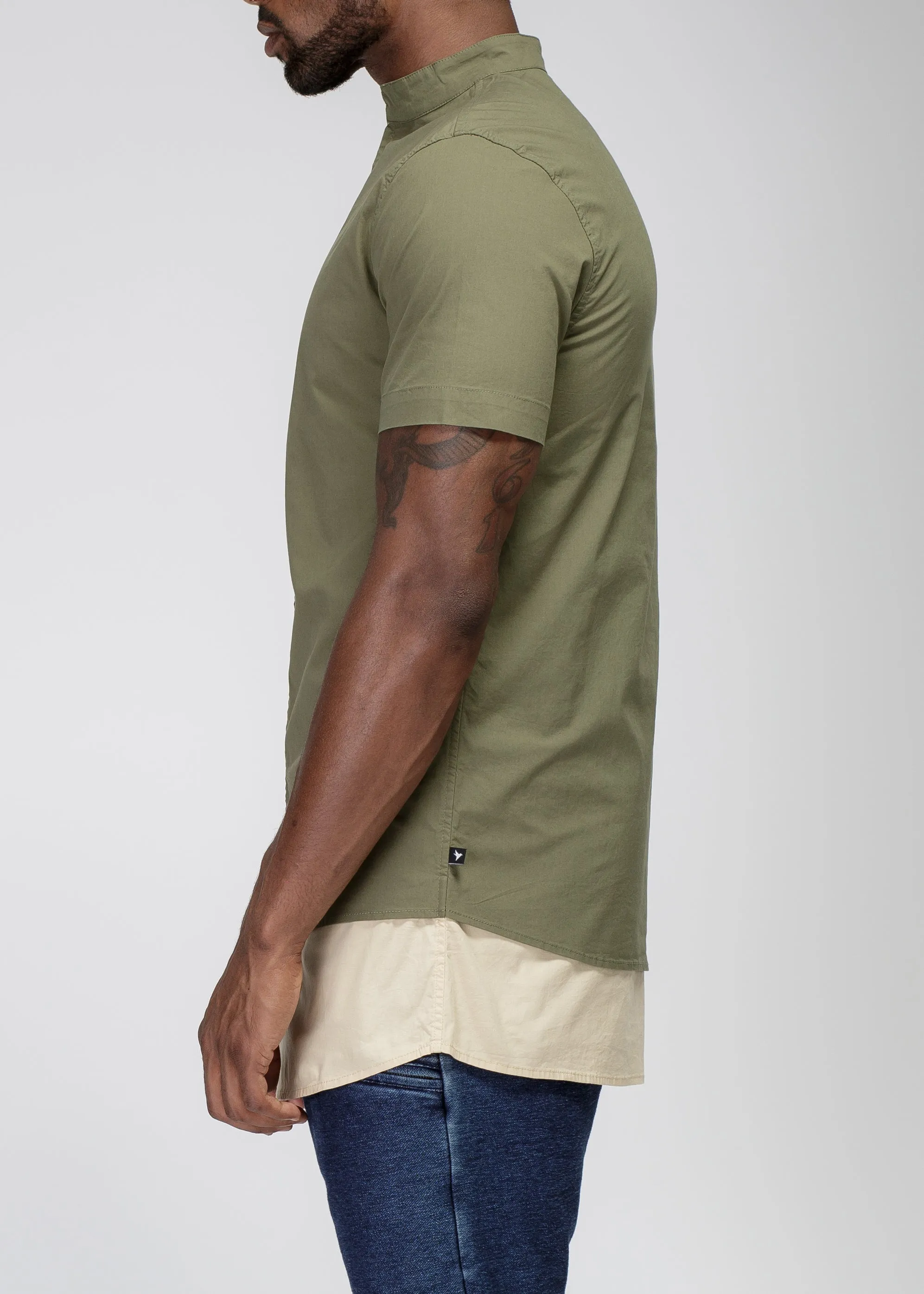 Konus Men's Mock Neck Two Tone Zip Up Tee in Olive