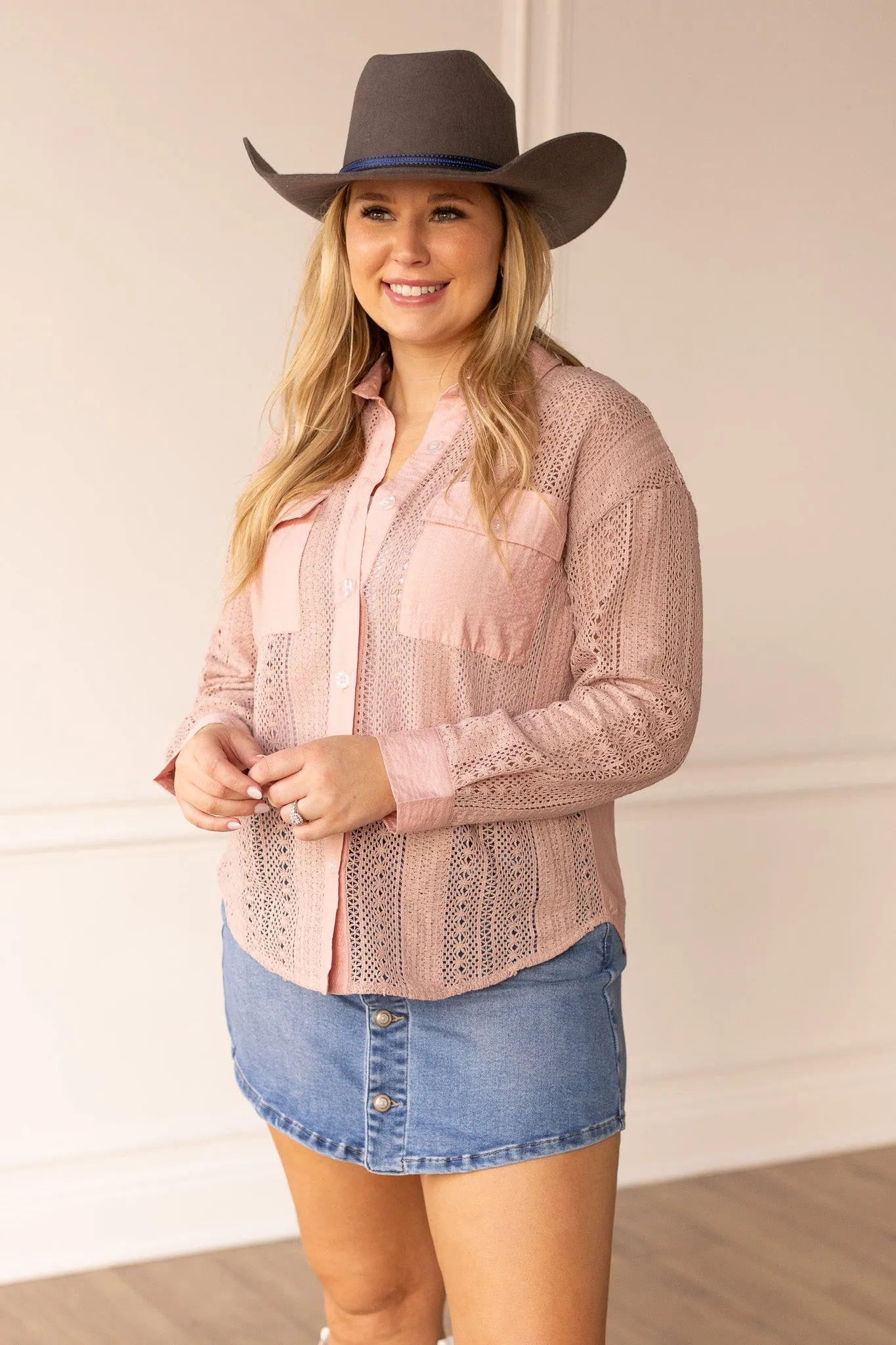 Lace Button Up, Pink