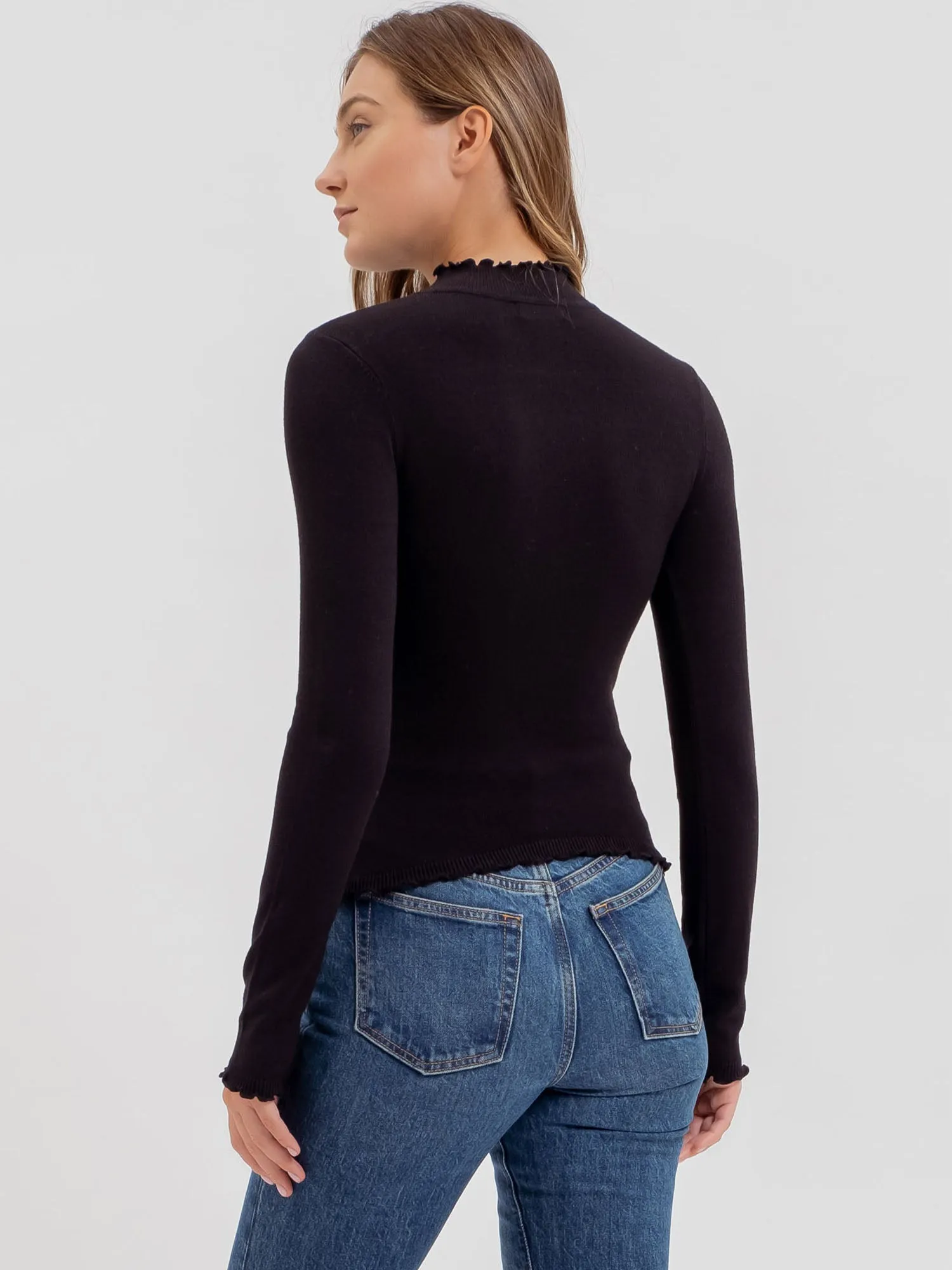 Lettuce Trim Mock Neck Sweater Knit Top