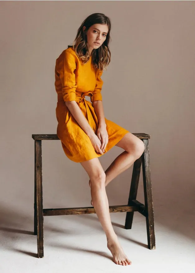 Mustard Yellow Belted Linen Wrap Dress For Women Mini