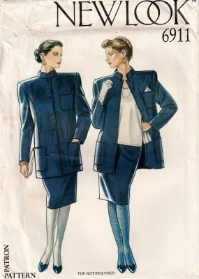 New Look 6911 Womens Below Hip Jacket with Stand Up Collar & Slim Skirt 1980s Vintage Sewing Pattern Sizes 8 - 18 UNCUT Factory Folded