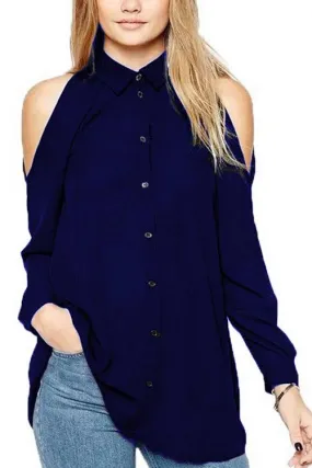 OEM ODM Cold Shoulder Plain Long Sleeve Irregular Hem Navy Blouses