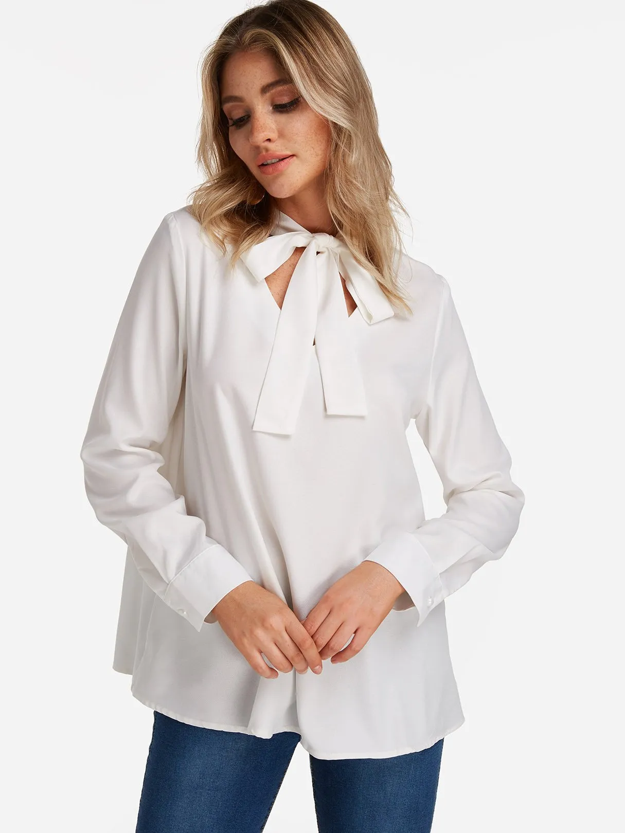 OEM ODM V-Neck Plain Lace-Up Long Sleeve White Blouses