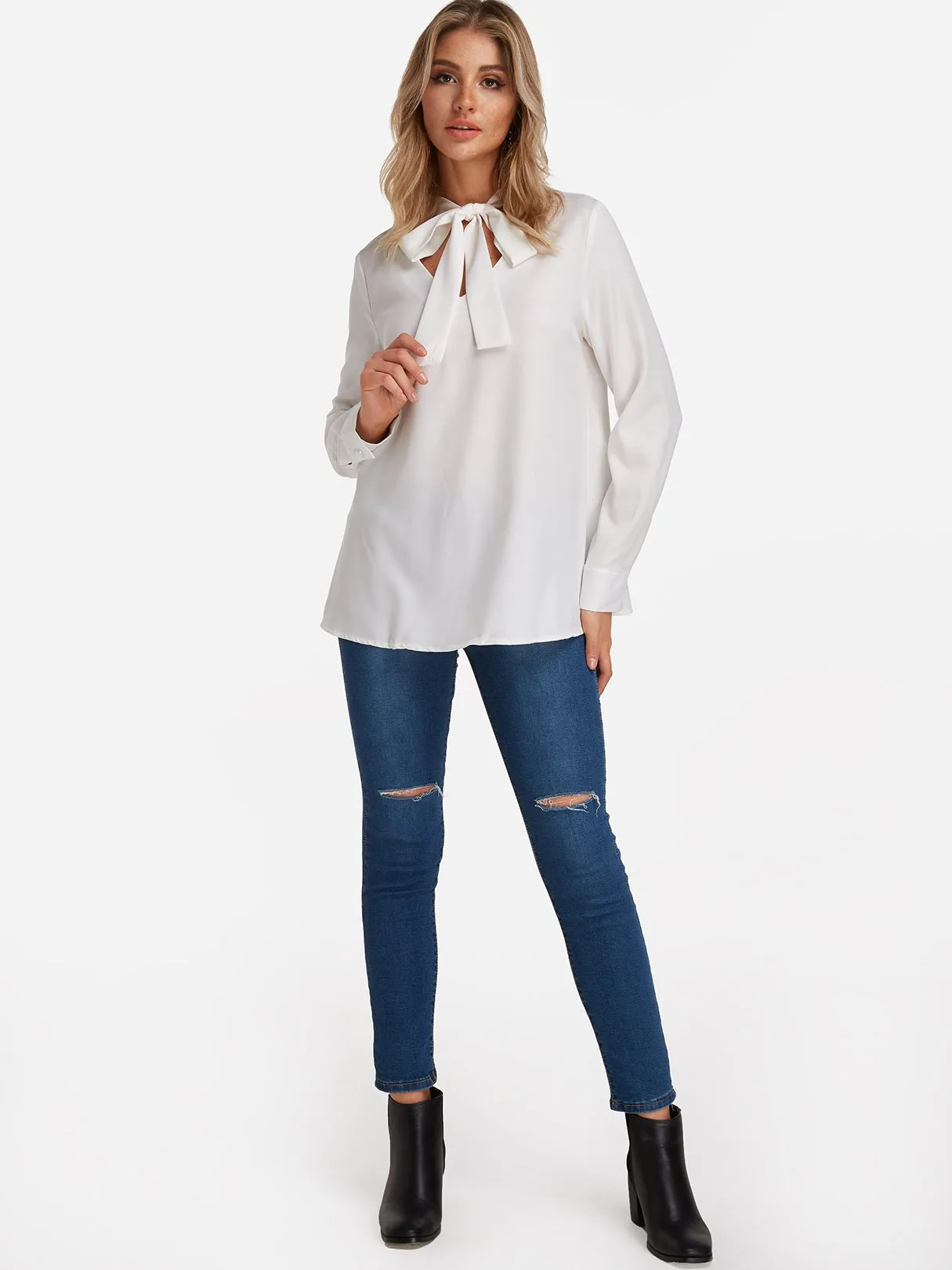 OEM ODM V-Neck Plain Lace-Up Long Sleeve White Blouses