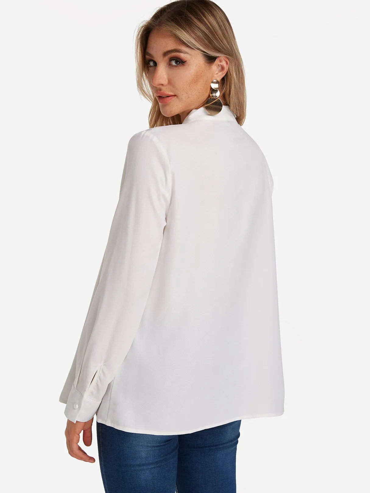 OEM ODM V-Neck Plain Lace-Up Long Sleeve White Blouses