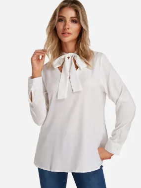 OEM ODM V-Neck Plain Lace-Up Long Sleeve White Blouses