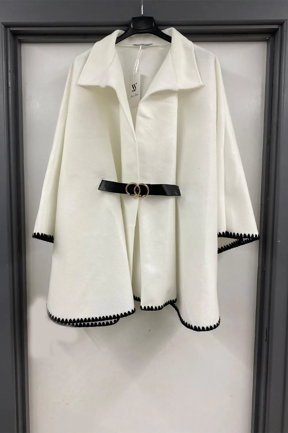 OFF WHITE OVERSIZED CONTRAST STITCH BELTED CAPE COAT