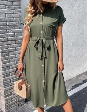 Plain Lapel Button Front Belted Pocket Slits Long Dresses