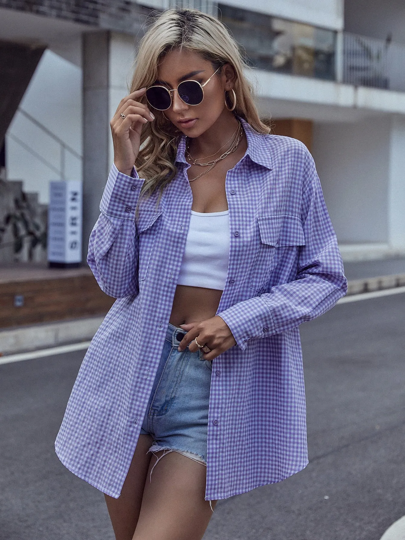 Preppy Gingham Button Front Long Sleeve Collar Long Blouse