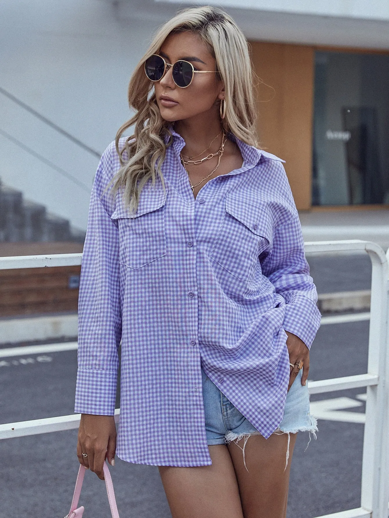 Preppy Gingham Button Front Long Sleeve Collar Long Blouse