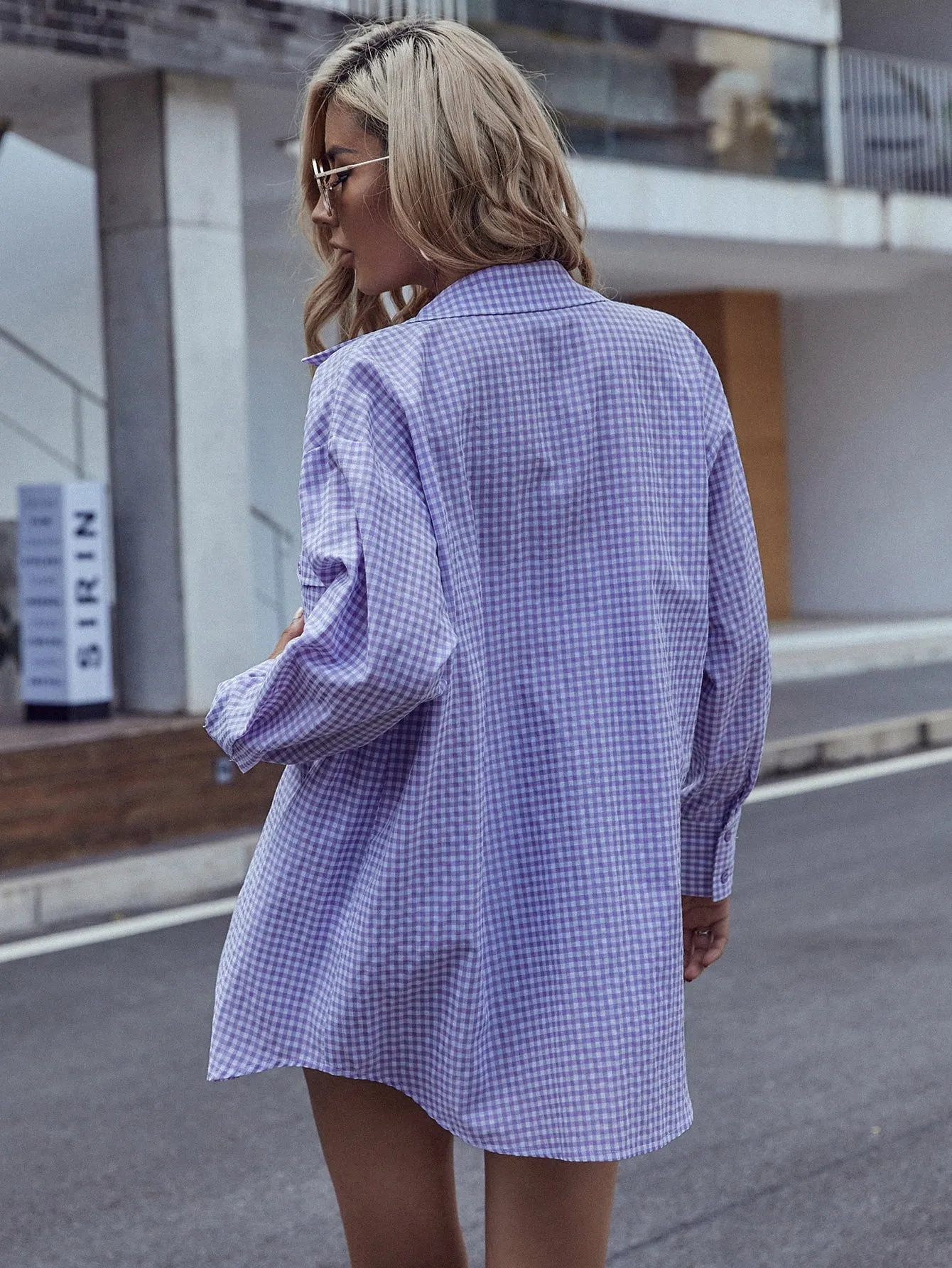 Preppy Gingham Button Front Long Sleeve Collar Long Blouse