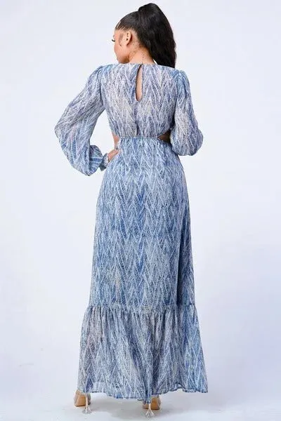 Printed V Neck Self Belted Side Cut Out Ruffled Maxi Dress