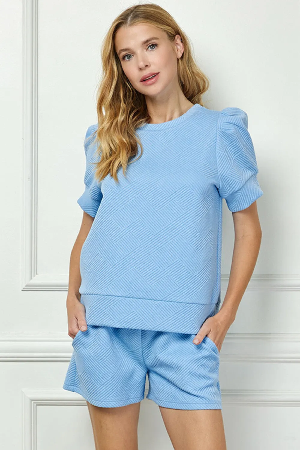 Puff Sleeve Textured Top- Blue