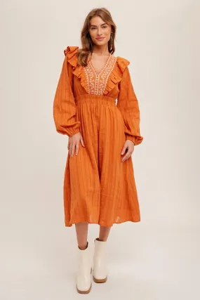 Pumpkin Embroidered V-Neck Ruffled Smocked Midi Dress