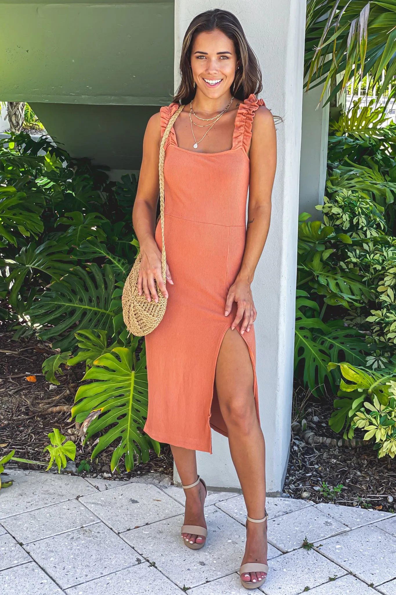 Rust Ribbed Dress With Ruffled Strap