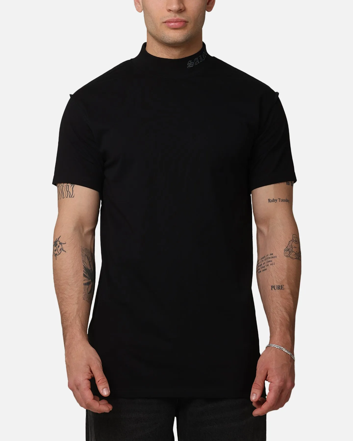 Saint Morta Old English Mock Neck T-Shirt Black/Black