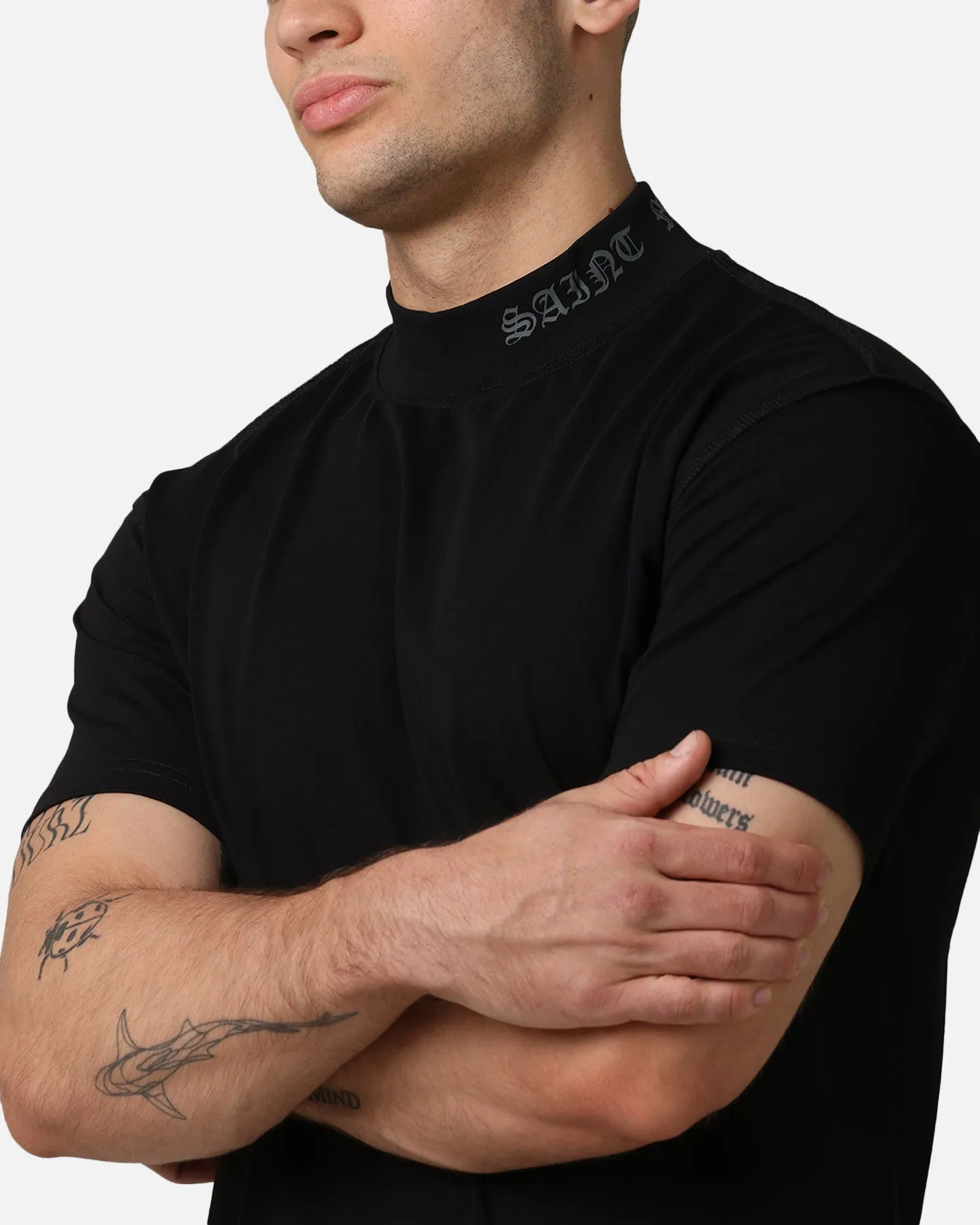 Saint Morta Old English Mock Neck T-Shirt Black/Black