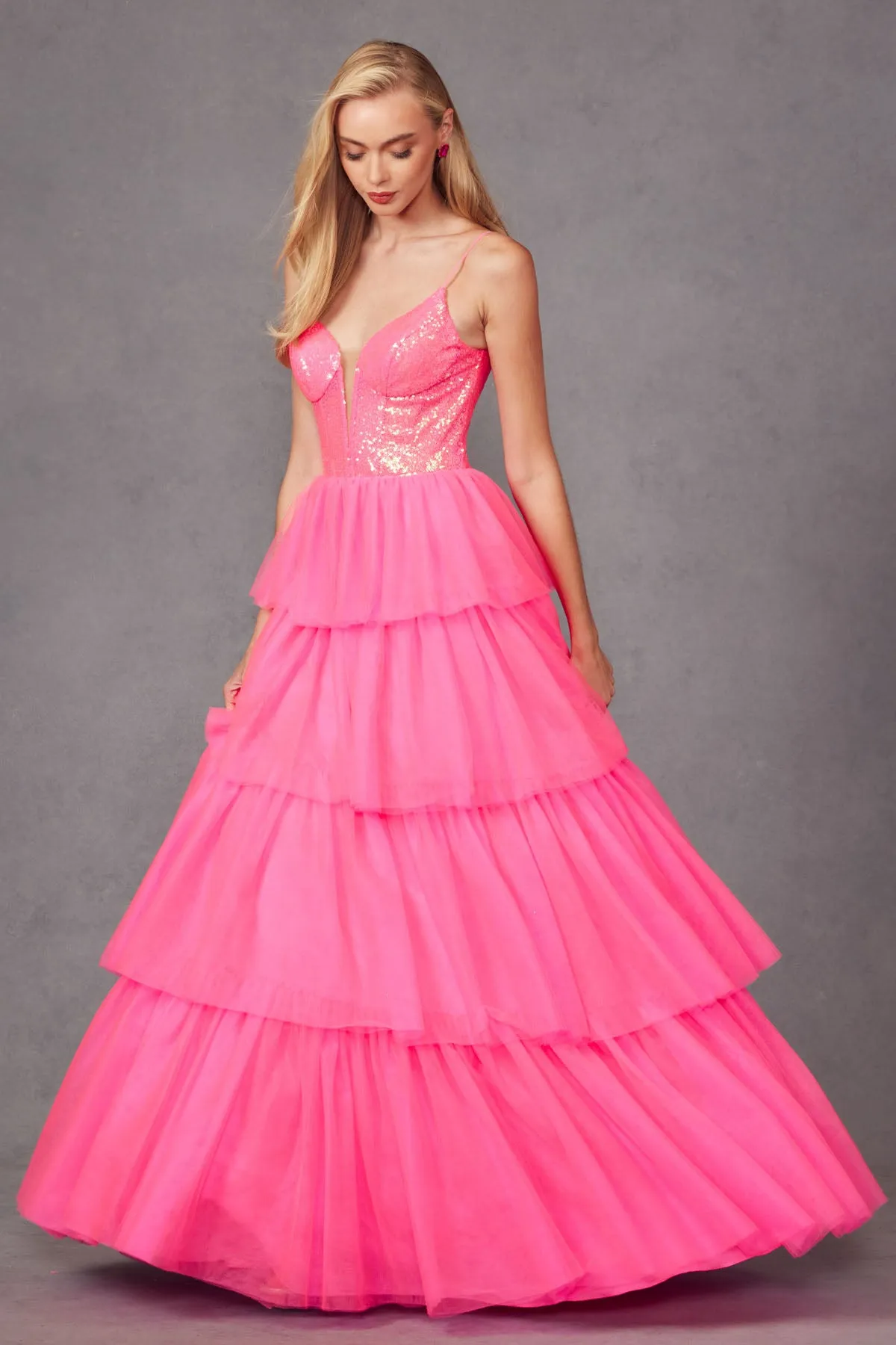 Sleeveless Sequin Bodice A-line Ruffled Gown by Juliet JT2457H