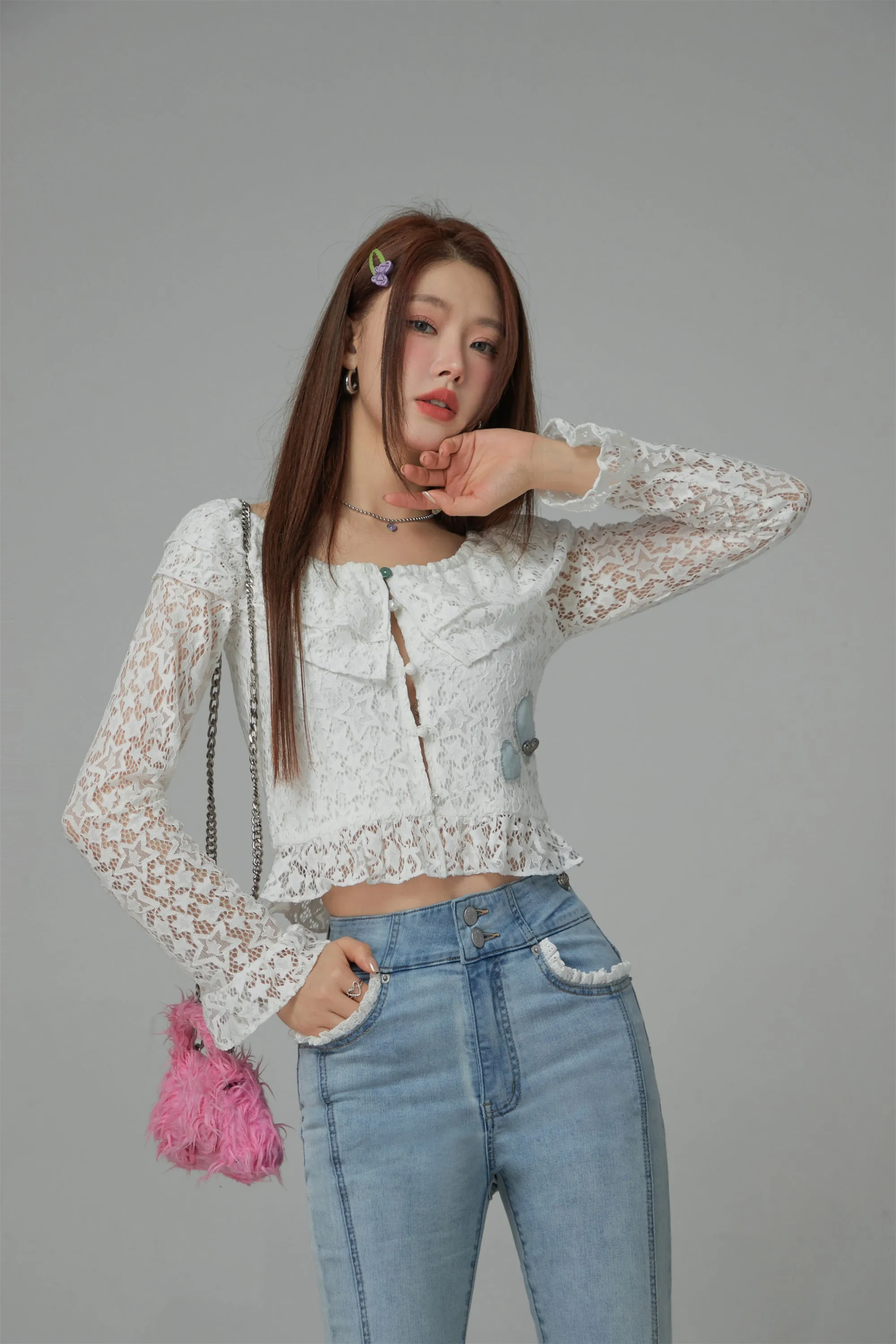 Star Lace Button Crop Blouse