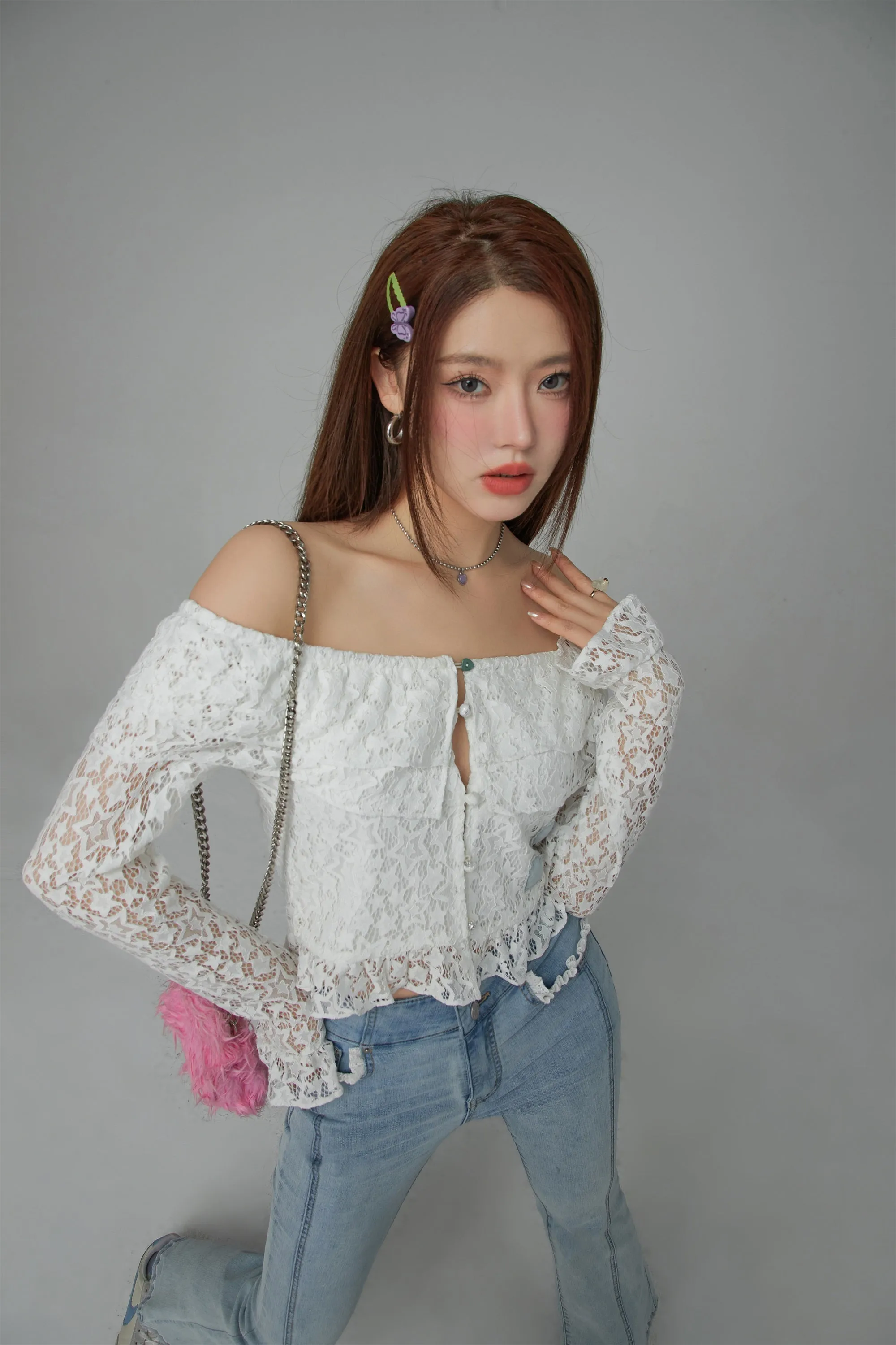 Star Lace Button Crop Blouse