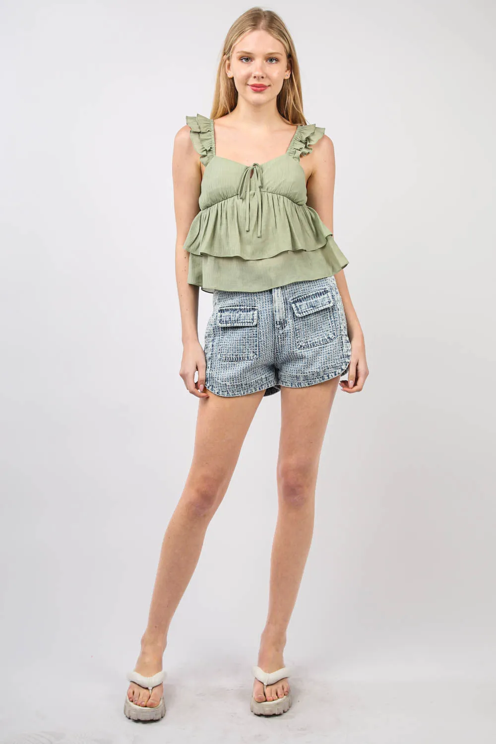 Textured Washed Denim Shorts