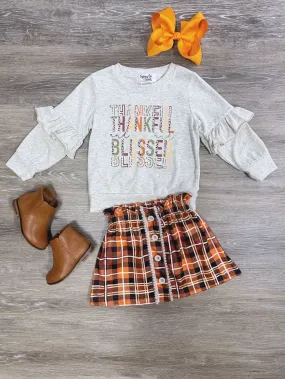 Thankful & Blessed Fall Tartan Plaid Ruffle Girls Skirt Outfit