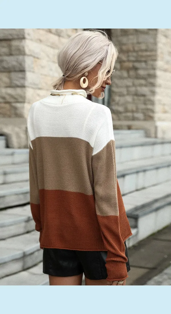 Women Color Block Tricolor Roll Hem Sweater