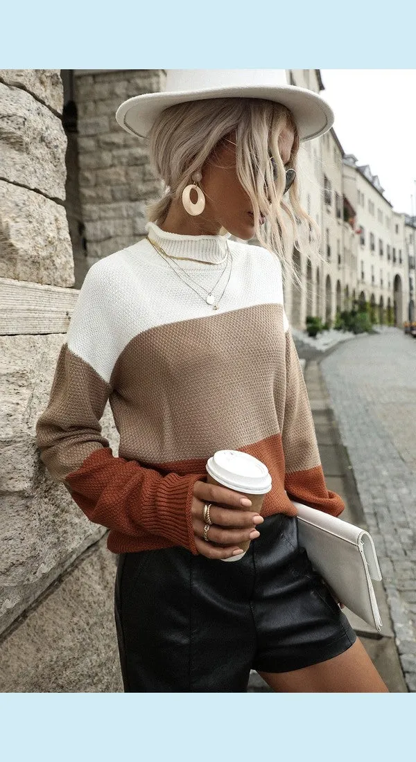 Women Color Block Tricolor Roll Hem Sweater