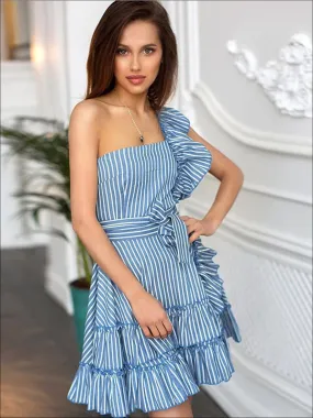 Women's Blue Striped One Shoulder Ruffled Belted Dress