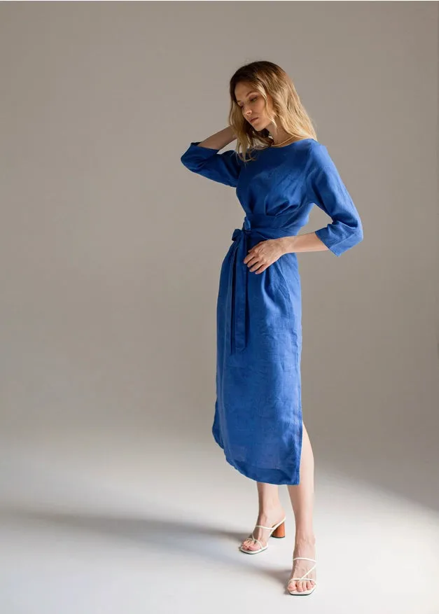 Wrap Linen Dress, Belted Blue Dress For Women Maxi