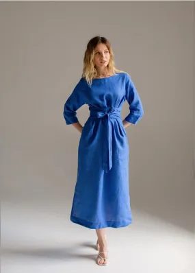 Wrap Linen Dress, Belted Blue Dress For Women Maxi